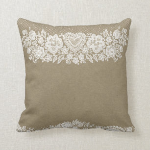 Almofada Rustic Kraft & White Lace Lacy Farmhouse Chic