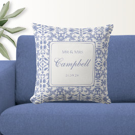 Almofada Rustic Mr & Mrs Dusty Blue and White Patterned