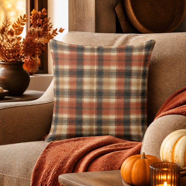 Almofada Rustic Outono Clássico Xadrez Rust Creme Preto (Criador carregado)