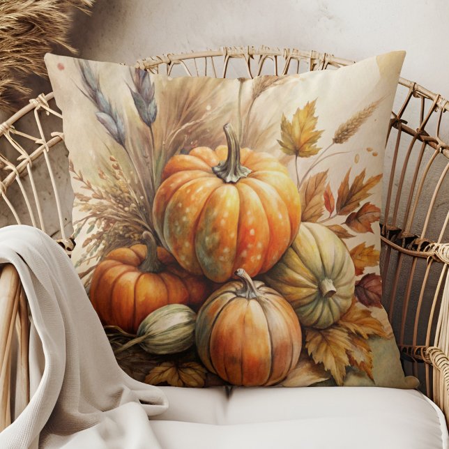 Almofada Rustic Pumpkins & Sai do Travesseiro decorativo de (Rustic Pumpkins & Leaves Boho Fall Throw Pillow in a boho rattan armchair)