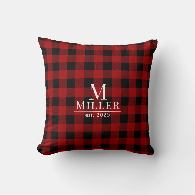 Almofada Rustic Red and Black Buffalo Check Nome do Monogra (Frente)