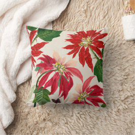 Almofada Rustic Red Watercolor Poinsettia Floral Greenery