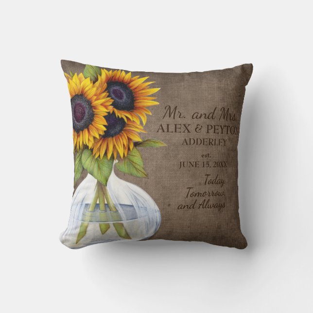 Almofada Rustic Sunflower Vase Burlap Data de Casamento (Frente)