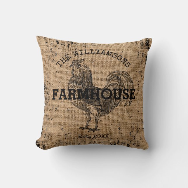Almofada Rustic Vintage Family Name Farmhouse Rooster (Frente)