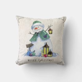 Almofada Rustic Watercolor Snowman Feliz Feriado de Natal