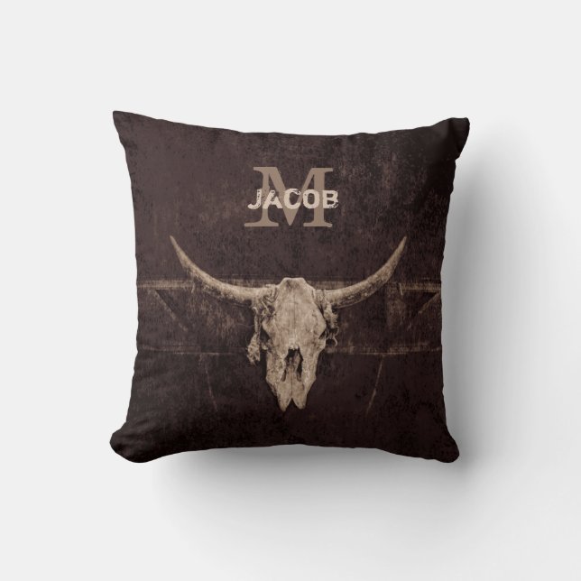 Almofada Rustic Western Brown Beige Old Bull Skull Monogram (Frente)