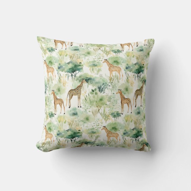 Almofada Safari — Girafas Watercolor Beige Verde (Frente)