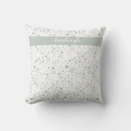 Almofada Sage Blue Watercolor Wildflower Monogram Name
