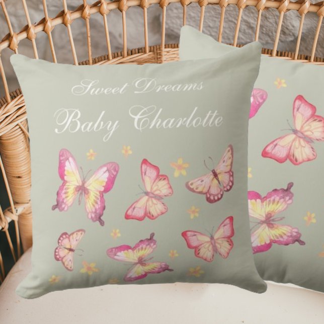 Almofada Sage Green Baby Girl Name Pink Butterfly Nursery (Criador carregado)