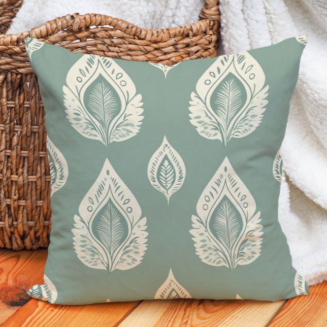 Almofada Sage Green Cream Artística Deixa Natureza (Sage Green Cream Artistic Leaves Nature Throw Pillow)