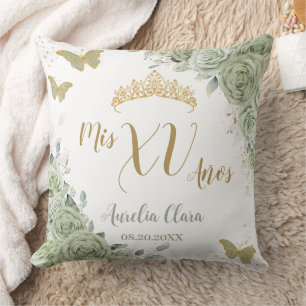 Almofada Sage Green Floral Quinceanera Birthday Butflies