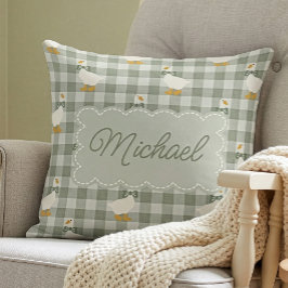 Almofada Sage Green Gingham Goose Custom Name Nursery 