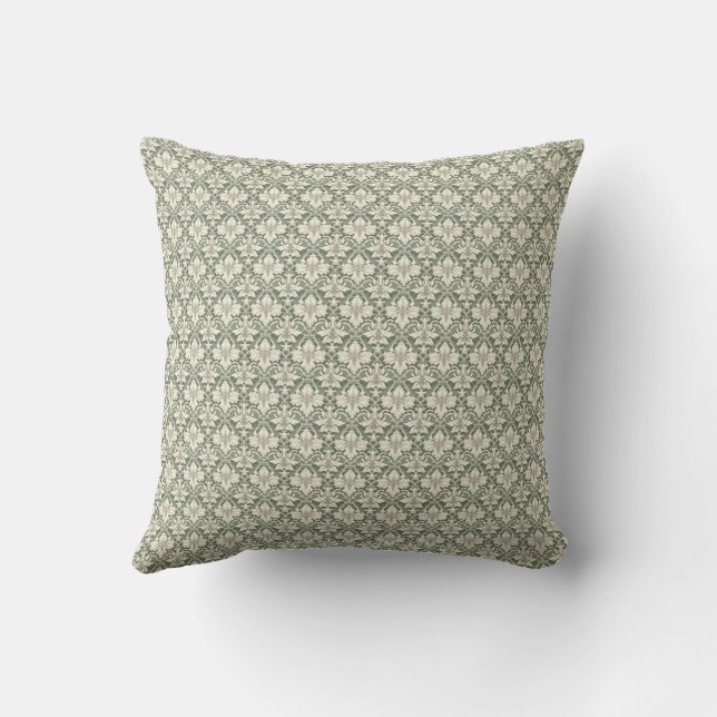 Almofada Sage Green & Ivory Damask Print Throw Cushion (Verso)