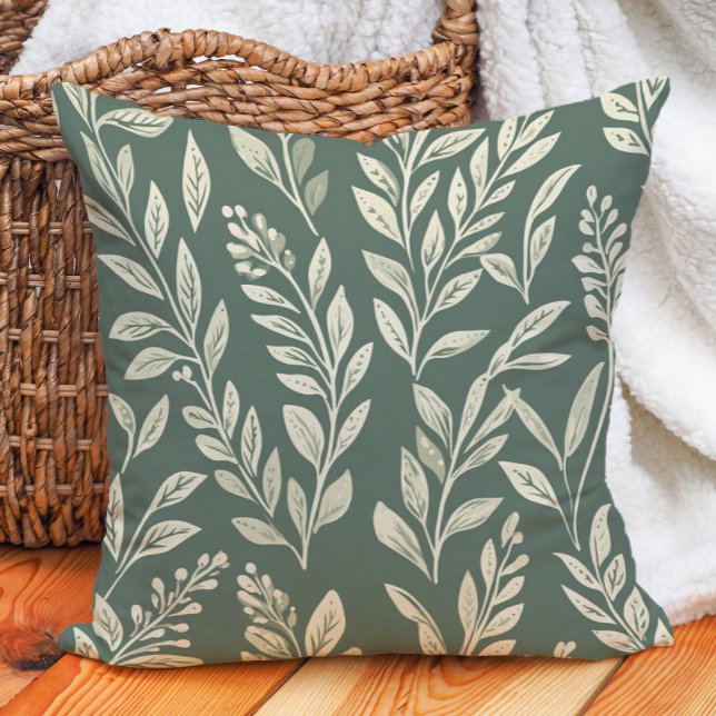 Almofada Sage Verde Creme Folhas Botânico Casa de Campo (Sage Green Cream Leaves Farmhouse Botanical Throw Pillow)