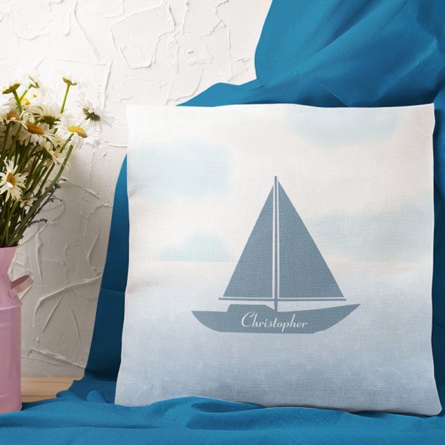 Almofada Sailboat Blue Watercolor (Criador carregado)