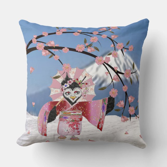 Almofada Sakura Geisha Bird no Snow Cherry Blossoms (Frente)