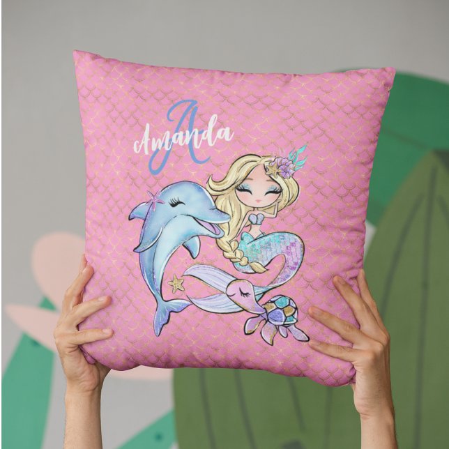 Almofada Sala de cabra Dourada de Monograma, Pink e Sereia (Mermaid Custom Pink Gold Monogram Girl Bedroom Throw Pillow
)