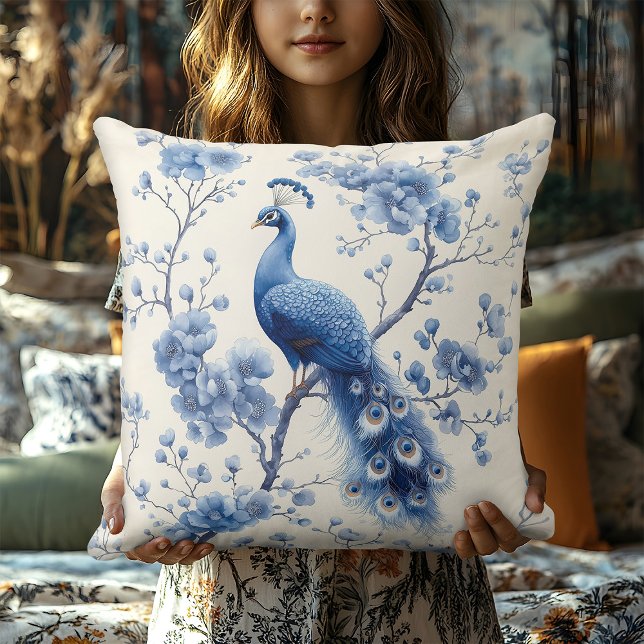 Almofada Salão Elegante de Peacock Azul Delft (Criador carregado)