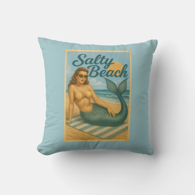 Almofada Salty Beach Retro Pin-Up Mermaid Art Coastal Decor (Frente)