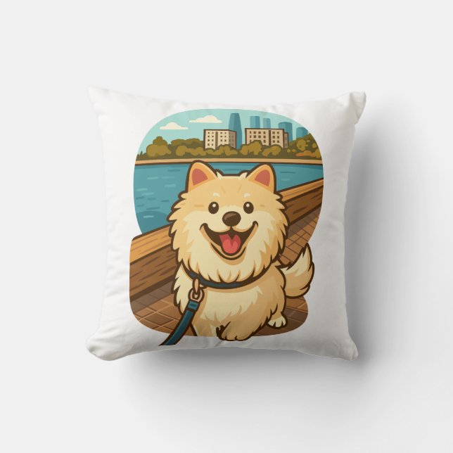 Almofada Samoyed Feliz Passeando pela Orla da Cidade (Frente)