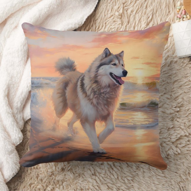 Almofada Sandy Paws Alaskan Malamute Dog em Beach Sunset (Cobertor)