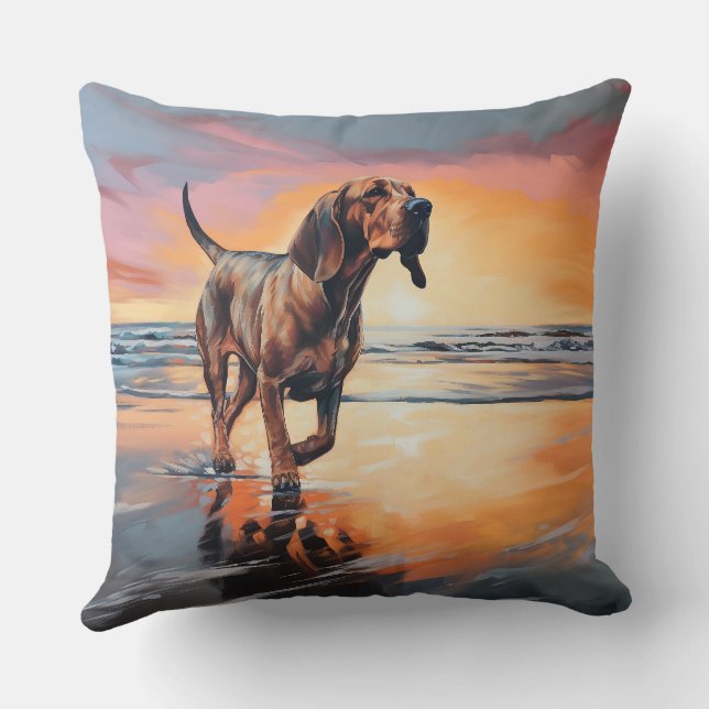 Almofada Sandy Paws Bloodhound Dog em Beach Sunset (Verso)