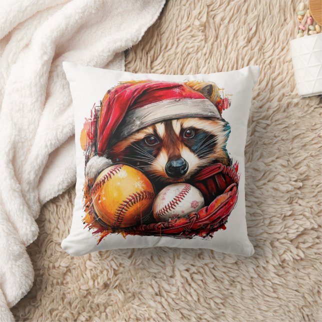 Almofada Santa Raccoon & Baseballs Holiday Throw Pillow  (Cobertor)