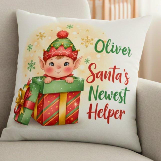 Almofada Santa’s Newest Helper Christmas Cute Elf Gift Box (Criador carregado)
