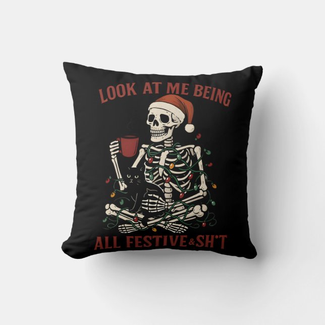 Almofada Santa Skeleton with Cat Holiday Snark (Frente)