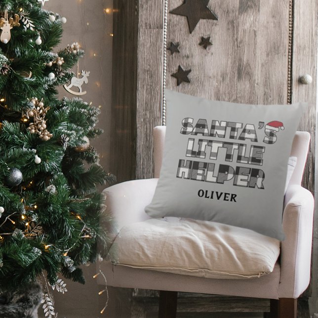 Almofada Santa's little helper Personalized  (santa's little helper Christmas personalized square pillow. black and white plaid check design)