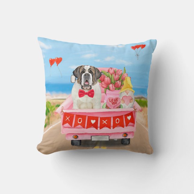 Almofada Santo Bernard Dog Dia de os namorados Truck Hearts (Frente)
