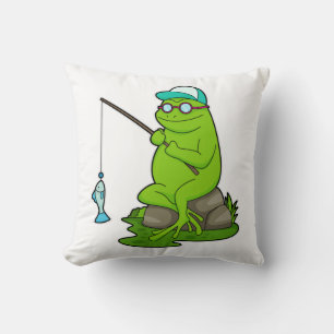 Almofada Sapo como pescador com cana de pesca e peixe