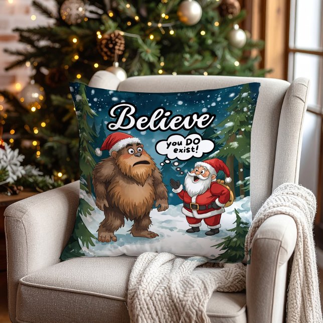 Almofada Sasquatch Meets Santa Funny I Believe Christmas (Criador carregado)