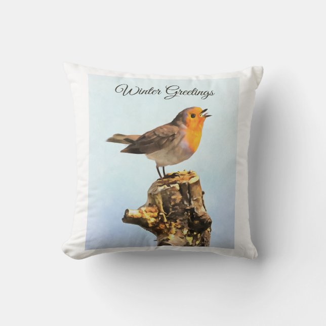 Almofada Saudações de Inverno. Robin cantando  (Frente)
