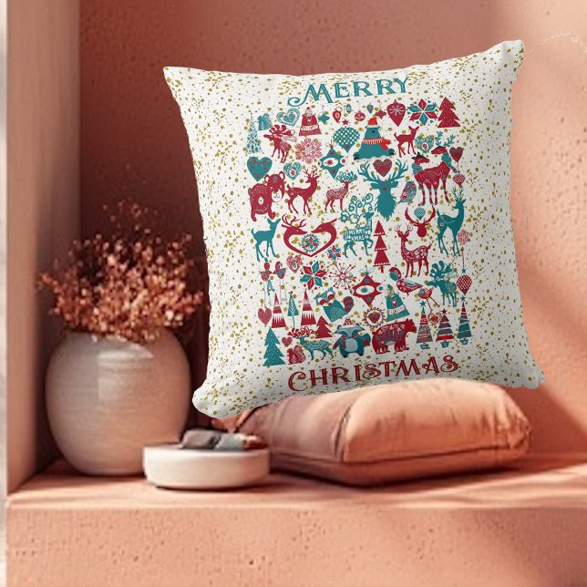 Almofada Scandia Felry Natal Símbolos Nórdicos Escandinávia (Scandia Merry Christmas Symbols Nordic Scandinavia Throw Pillow)