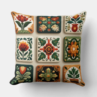 Almofada Scandinavian Folk Floral Tile Pattern Throw Pillow