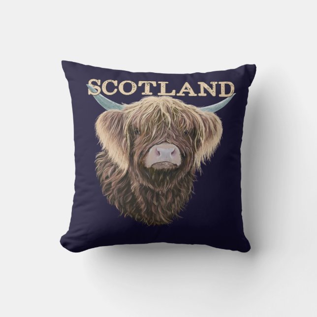 Almofada Scottish Highland Cow With Scotland Slogan (Frente)