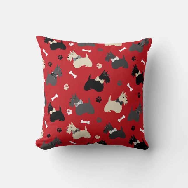 Almofada Scottish Terrier Paws and Bones Red Throw Pillow (Frente)
