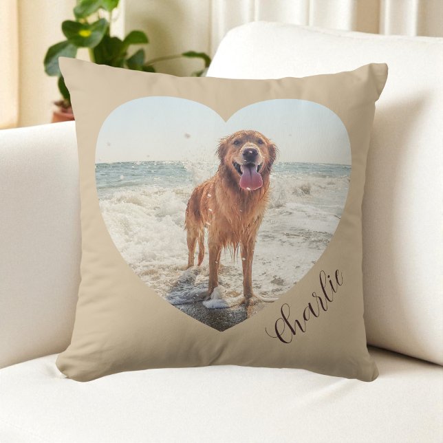Almofada Script Coração de Pet Foto Cachorro Personalizado  (Script Pet Heart Photo Modern Personalized Dog Throw Pillow)