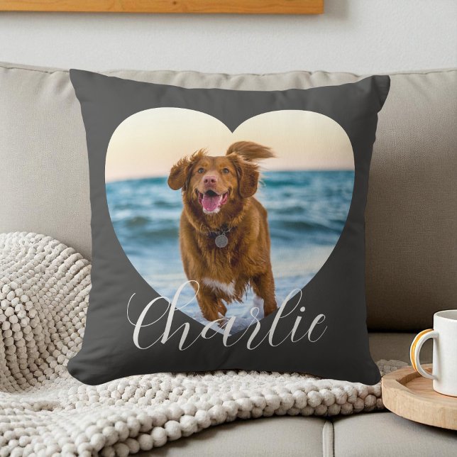 Almofada Script de Foto de Animal de Estimação Cinza Coraçã (Pet Photo Script Gray Cute Heart Personalized Dog Throw Pillow)