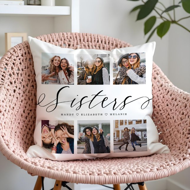 Almofada Script de Irmãs | Presente Para Colagem Fotográfic (Sisters Script | Gift For Sisters Photo Collage Throw Pillow)