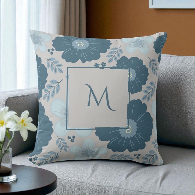 Almofada Script Floral de Aquarela Azul Prateado (Criador carregado)