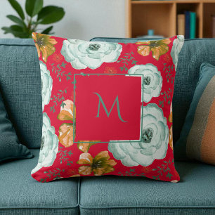 Almofada Script Floral de Cor Verde Vermelha