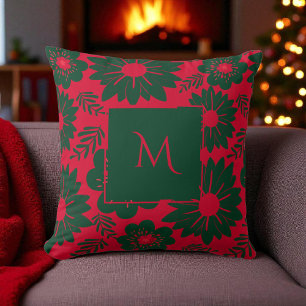 Almofada Script Floral de Cor Verde Vermelha