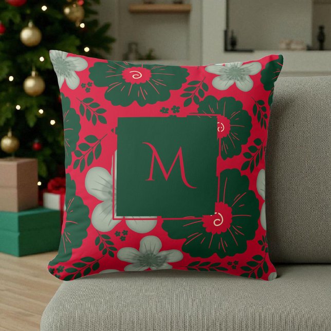 Almofada Script Floral de Cor Verde Vermelha (Criador carregado)