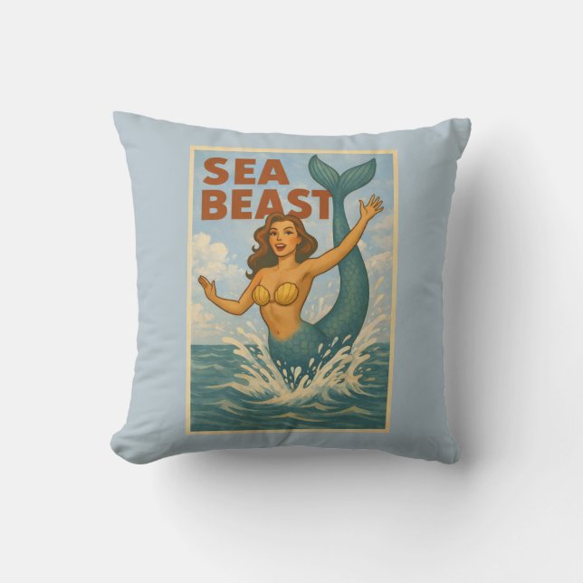 Almofada Sea Beast Retro Mermaid | Funny Coastal Beach Blue (Frente)