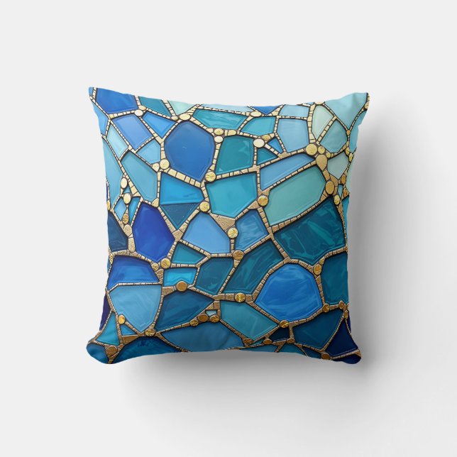 Almofada Sea of Waves Blue and Gold Mosaic Fine Art (Frente)