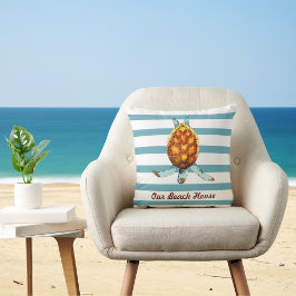 Almofada Sea Turtle Custom Beach House em Stripes de Aqua E