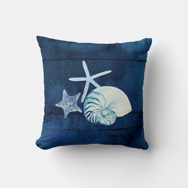 Almofada Seashell Beach House Marinho Coral Nautilus Starfi (Frente)