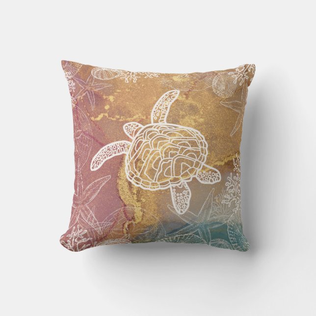 Almofada Seaturtle Starfish Beach Seashell Patterno (Frente)